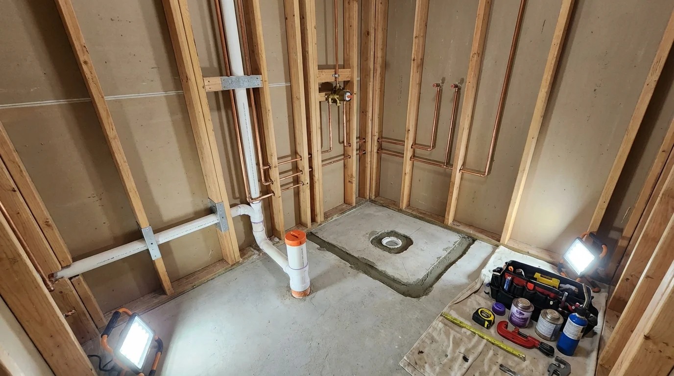 Bathroom rough-in plumbing during remodel by Johns Plumbing LLC in Okolona