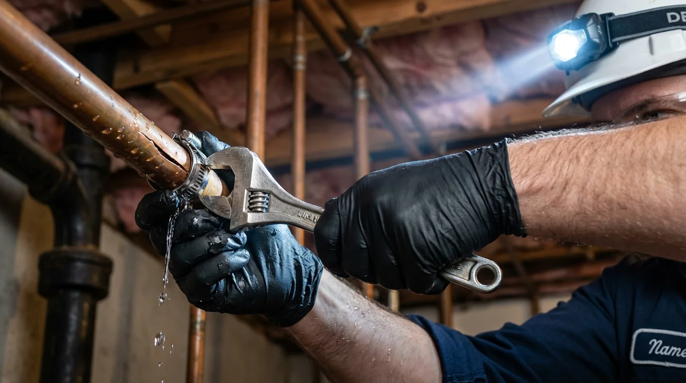 Emergency pipe clamp repair being performed by a Johns Plumbing LLC plumber in Okolona