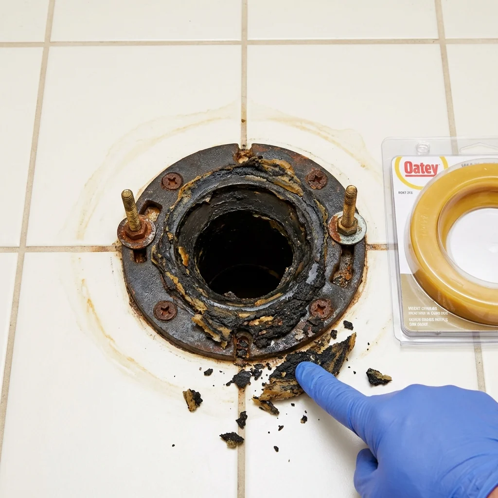 Failed wax ring showing water seepage at the base of a toilet in a Okolona, MS home