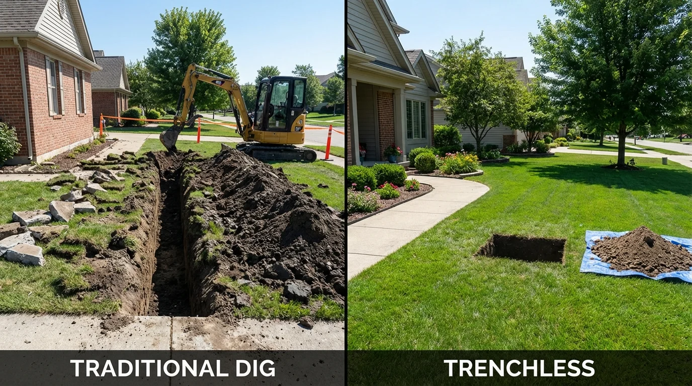 Trenchless sewer repair with minimal yard damage versus traditional excavation in Okolona, MS