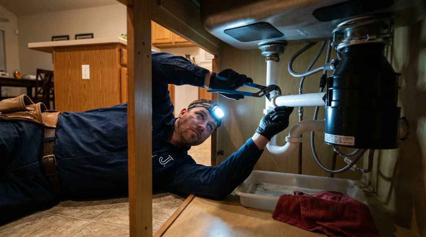 P-trap and supply line connections under a kitchen sink showing a common leak point in Okolona, MS